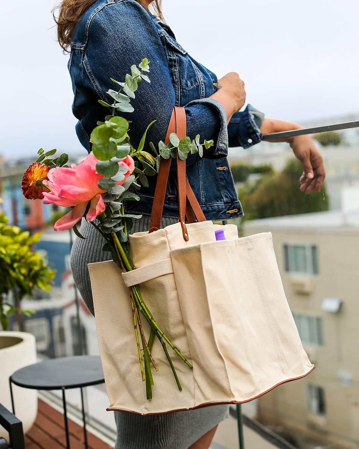 CapaBunga Farmer's Market Tote Shopping Bags with Handles - 7 Pocket Large Utility Tote Bag - Heavy Duty Canvas Utility Bag with Vegan Leather Base - Reusable Tote Bag - Natural Grocery Bag